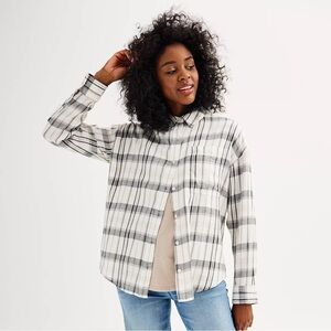 Oversized XL by So Cotton Plaid Button-Up Shirt - Black and White